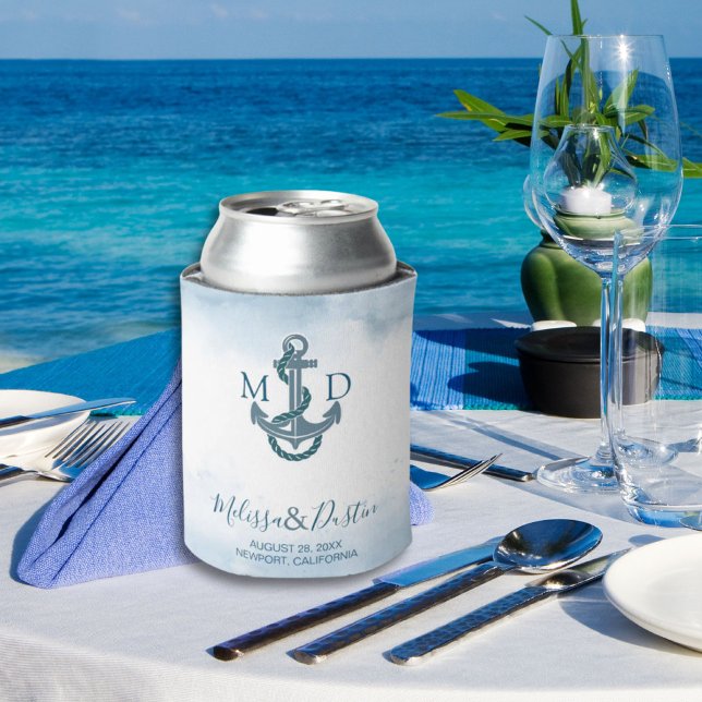 Watercolor Beach Anchor Nautical Wedding Favour Can Cooler (Watercolor Beach Anchor Nautical Wedding Favor Can Cooler)