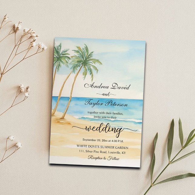 Watercolor Beach and Palm Trees Elegant Wedding Invitation (Creator Uploaded)