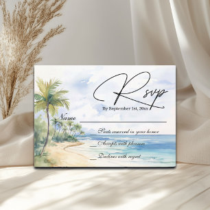 Watercolor Beach and Palm Trees Wedding RSVP Card