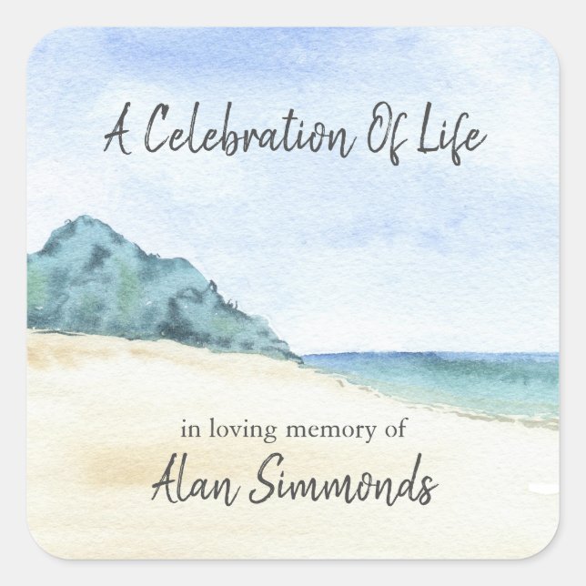 Watercolor Beach And Water Celebration Of Life Square Sticker (Front)
