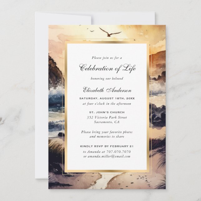 Watercolor Beach at Sunset Celebration of Life Invitation (Front)