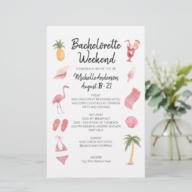 Watercolor Beach Bachelorette Weekend Itinerary (Standing Front)