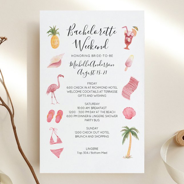 Watercolor Beach Bachelorette Weekend Itinerary (Watercolor Beach Bachelorette Weekend Itinerary Invitation)