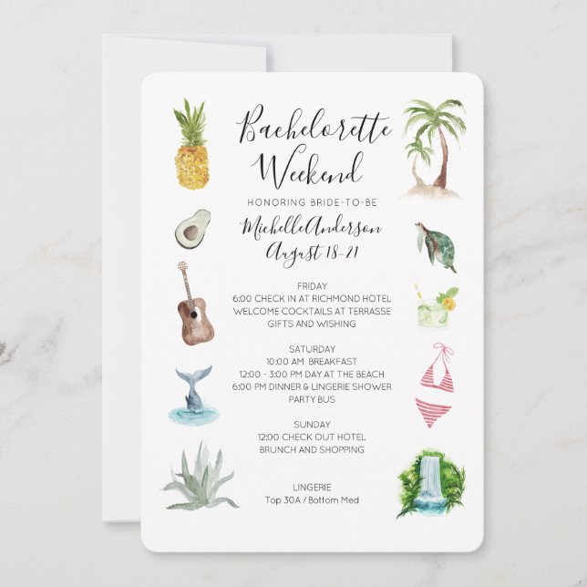 Watercolor Beach Bachelorette Weekend Itinerary Invitation (Front)