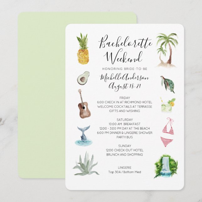 Watercolor Beach Bachelorette Weekend Itinerary Invitation (Front/Back)