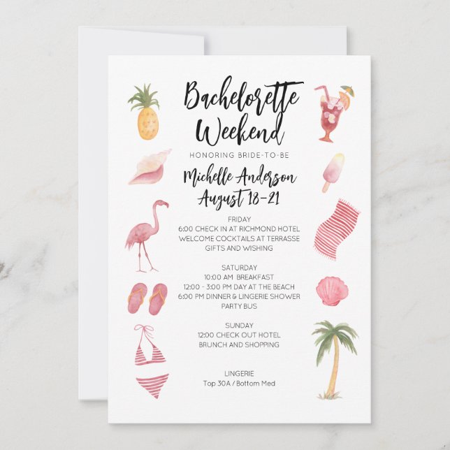 Watercolor Beach Bachelorette Weekend Itinerary Invitation (Front)