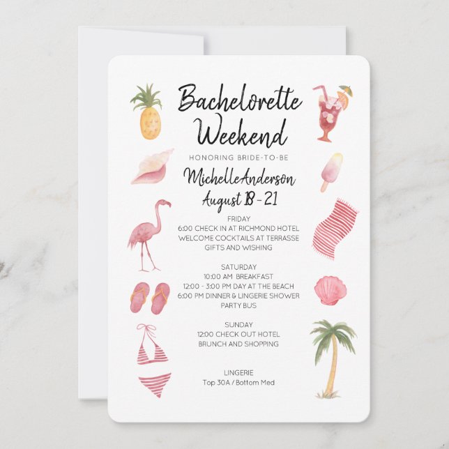 Watercolor Beach Bachelorette Weekend Itinerary Invitation (Front)