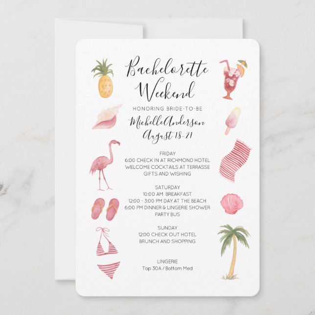 Watercolor Beach Bachelorette Weekend Itinerary Invitation (Front)