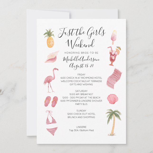 Watercolor Beach Bachelorette Weekend Itinerary Invitation (Front)