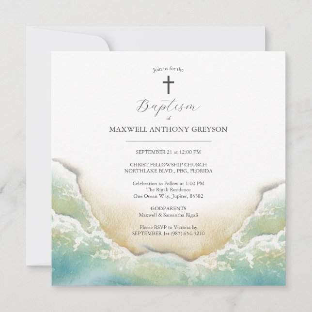 Watercolor Beach Baptism Square Invitations (Front)