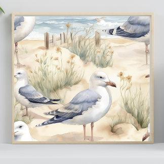 Watercolor Beach Bird Scene Poster