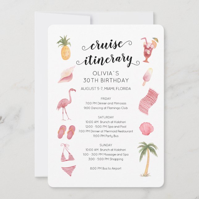 Watercolor Beach Birthday Cruise Itinerary Invitation (Front)