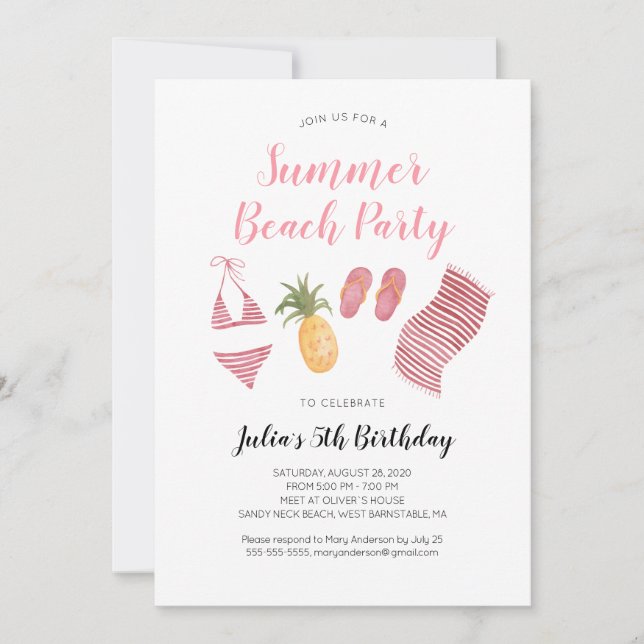 Watercolor Beach Birthday Party Invitation (Front)