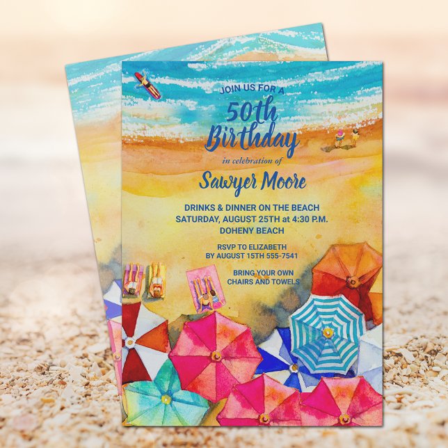 Watercolor Beach Birthday Party Invitations (Creator Uploaded)