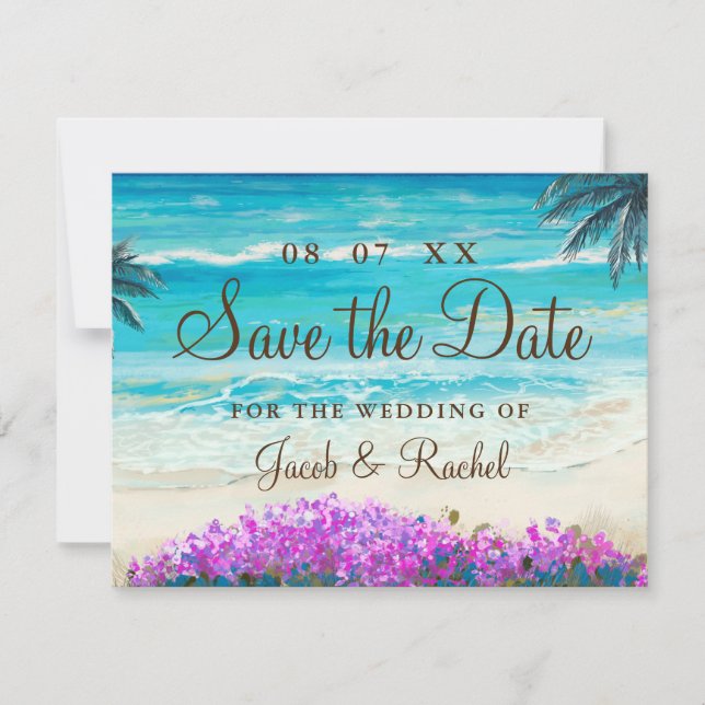 Watercolor Beach Blue Ocean Save The Date Card (Front)