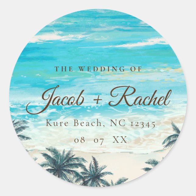 Watercolor Beach Blue Ocean Wedding Round Sticker (Front)