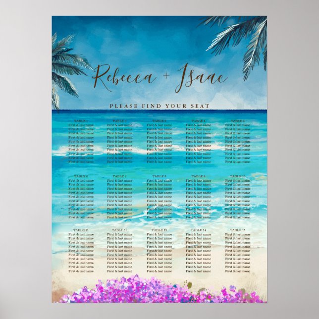 Watercolor Beach Blue Ocean Wedding Seating Chart (Front)
