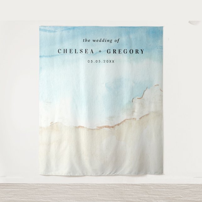 Watercolor Beach Blue & Sand Wedding Backdrop Tapestry (Front)