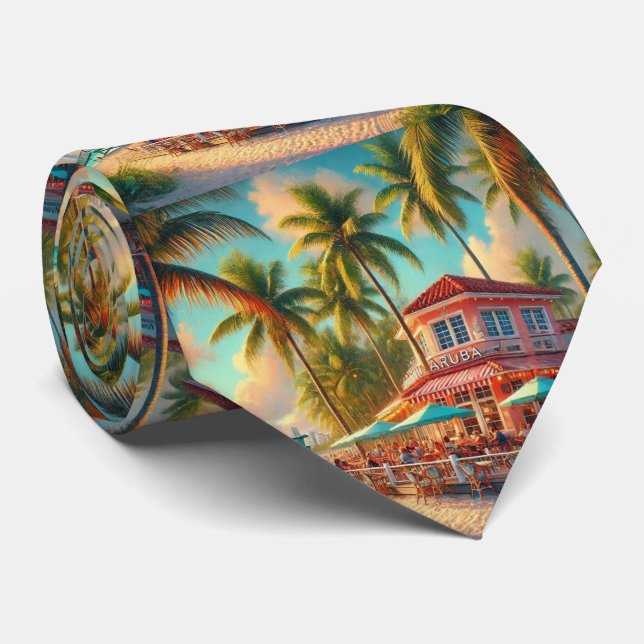 Watercolor Beach Cafe Palm Tree  Tie (Rolled)