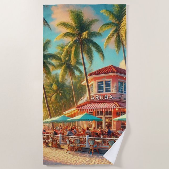 Watercolor Beach Cafe Tropical  Beach Towel (Front)