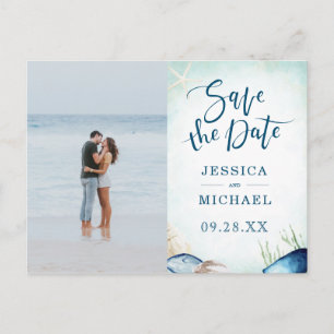 Watercolor Beach Calligraphy Photo Save The Date Invitation Postcard