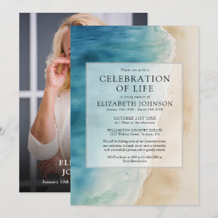 Watercolor Beach Celebration of Life Funeral Photo Invitation