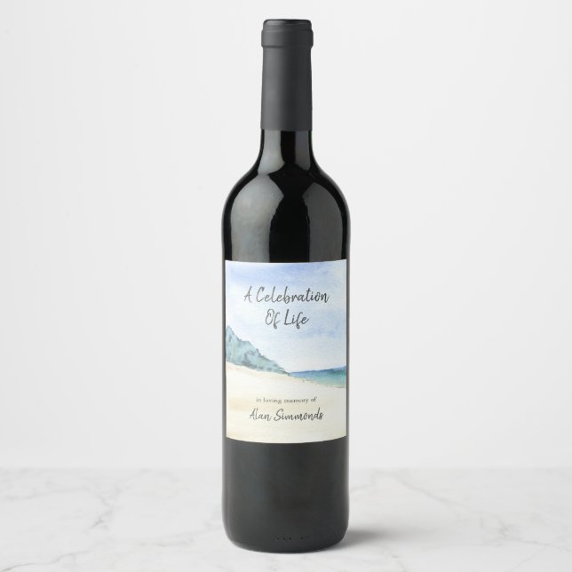 Watercolor Beach Celebration Of Life Memorial Wine Label (Front)