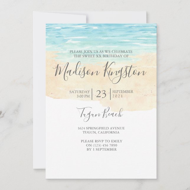 Watercolor Beach Childrens Adult Birthday Party Invitation (Front)