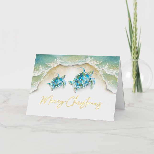 Watercolor Beach Christmas Card Sea Turtles (Front)