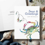 Watercolor Beach Christmas Cards Blue Crab<br><div class="desc">These seashore holiday greetings feature a watercolor blue crab in nautical and colourful shades. The words "seas and greetings" are set in fun typography. These ocean-themed Christmas cards open to reveal your custom greeting. Use the template fields to add your personalised text. A coastal choice for Christmas greetings. To see...</div>
