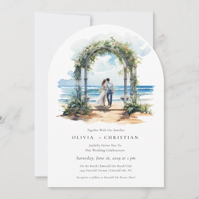 Watercolor Beach Coastal Arch Wedding Invitation (Front)