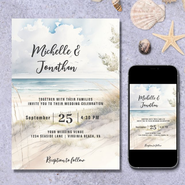Watercolor Beach Coastal Destination Wedding Invitation (Creator Uploaded)
