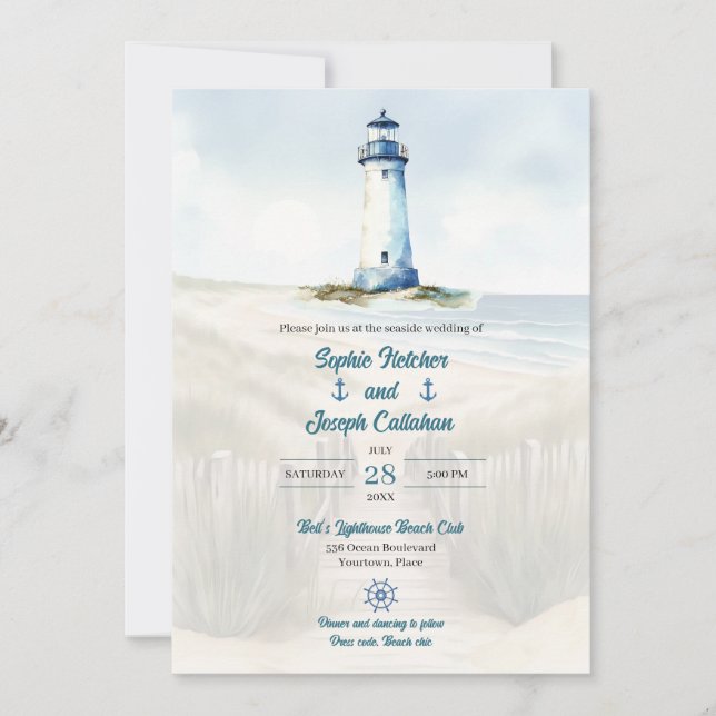 Watercolor Beach, Coastal New England Wedding Invitation (Front)