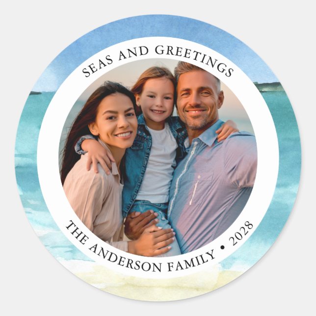 Watercolor Beach Coastal Photo Christmas  Classic Round Sticker (Front)