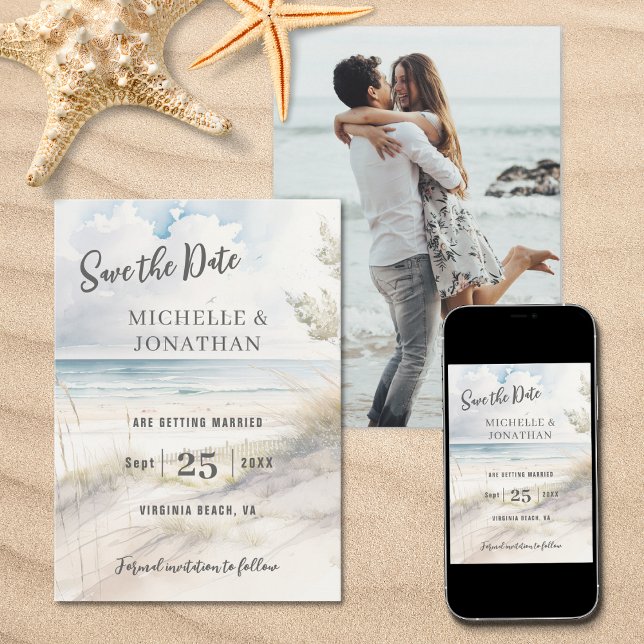 Watercolor Beach Coastal PHOTO Wedding Save The Date (Creator Uploaded)