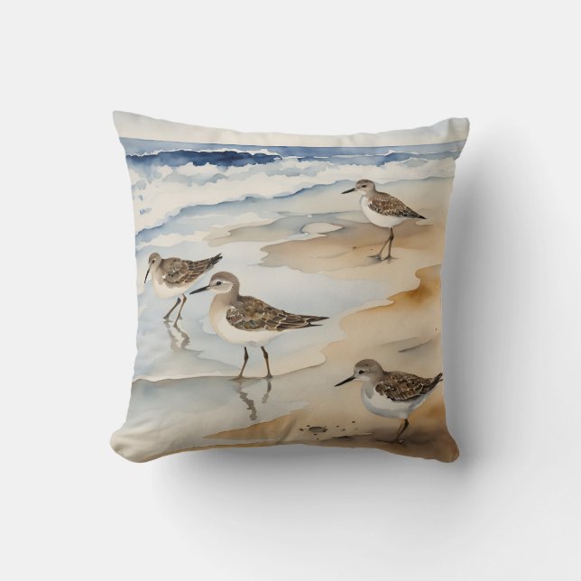 Watercolor Beach Coastal Scene Sandpipers Cushion (Front)