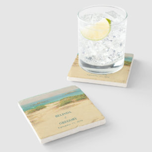 Watercolor Beach Coastal Wedding Destination Stone Coaster