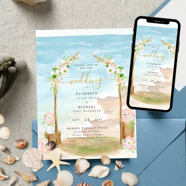 Watercolor Beach Coastal Wedding Invitation (Creator Uploaded)