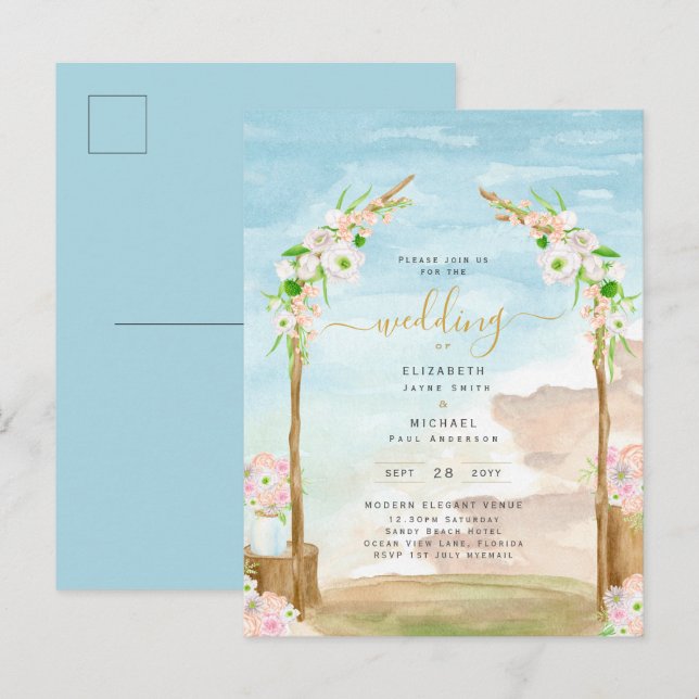 Watercolor Beach Coastal Wedding Invitation Postcard (Front/Back)