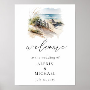 Watercolor Beach Coastal Wedding Welcome Sign