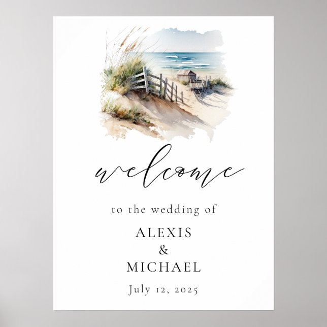 Watercolor Beach Coastal Wedding Welcome Sign (Front)