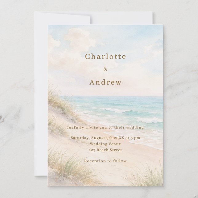 Watercolor beach coatal modern wedding invitation (Front)