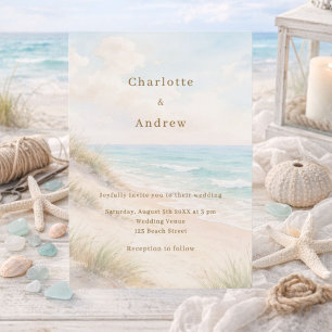 Watercolor beach coatal modern wedding invitation