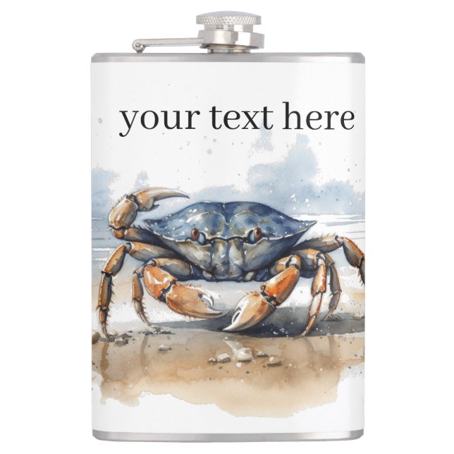 Watercolor Beach Crab, custom Hip Flask (Front)
