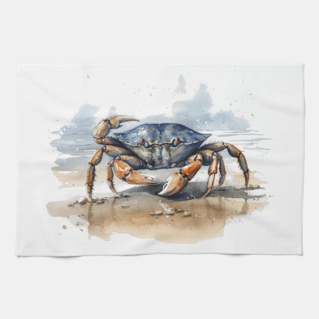 Watercolor Beach Crab Tea Towel (Horizontal)