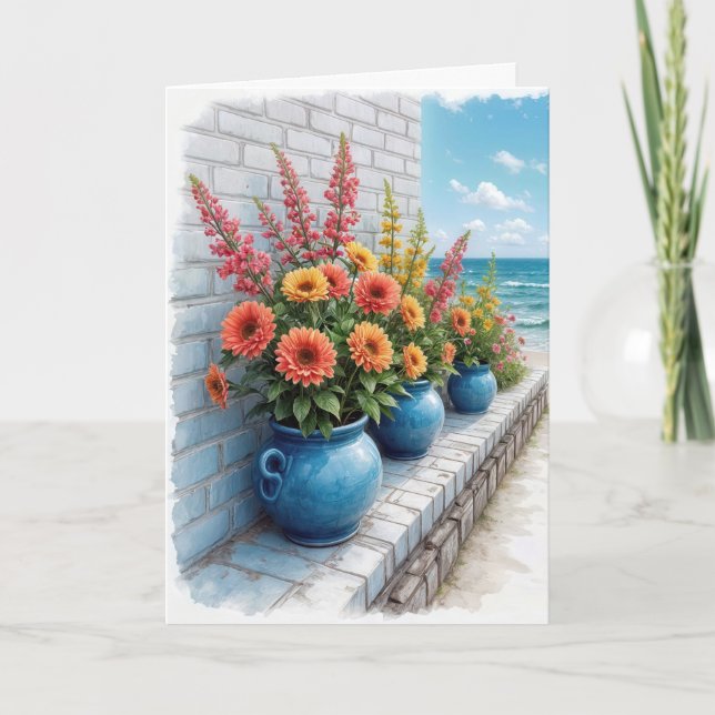 Watercolor Beach Dahlias Note Card (Front)