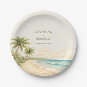 Watercolor Beach Destination Wedding Coastal Paper Plate