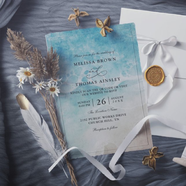 Watercolor Beach Elegant Budget QR Code Wedding Invitation (Creator Uploaded)