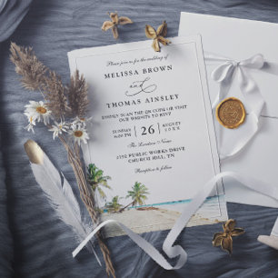  Watercolor Beach Elegant Modern QR Code Wedding Invitation