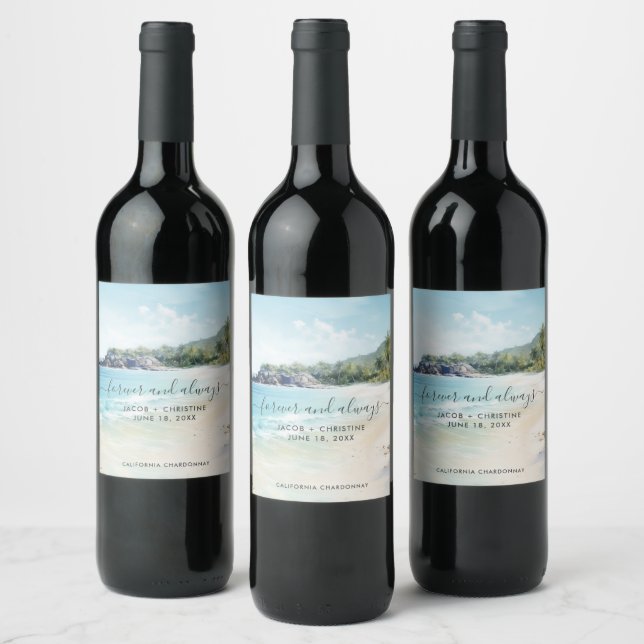 Watercolor Beach Forever & Always Wedding Wine Label (Bottles)